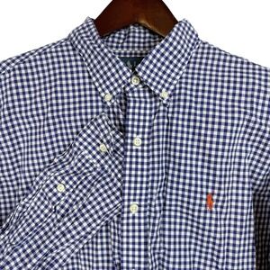 Ralph Lauren Mens Gingham Button Down Shirt Navy Blue White Long Sleeve Cotton